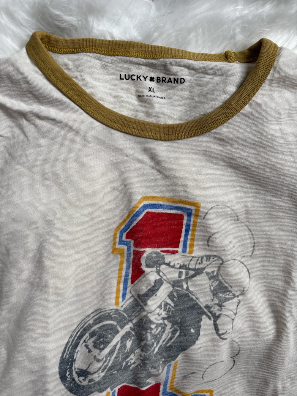 LUCKY BRAND XL MENS Vintage Motorcycle Graphic Tee "Lucky" - Cream & Red Detail